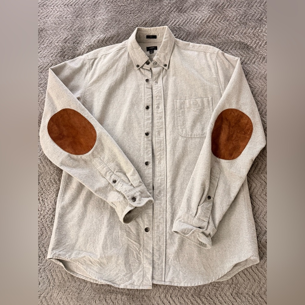J.Crew Men’s Light Grey Shirt with Brown Elbow Patches